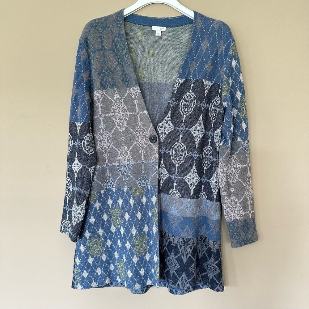 J. Jill Blue Patchwork V-Neck Cardigan Sweater